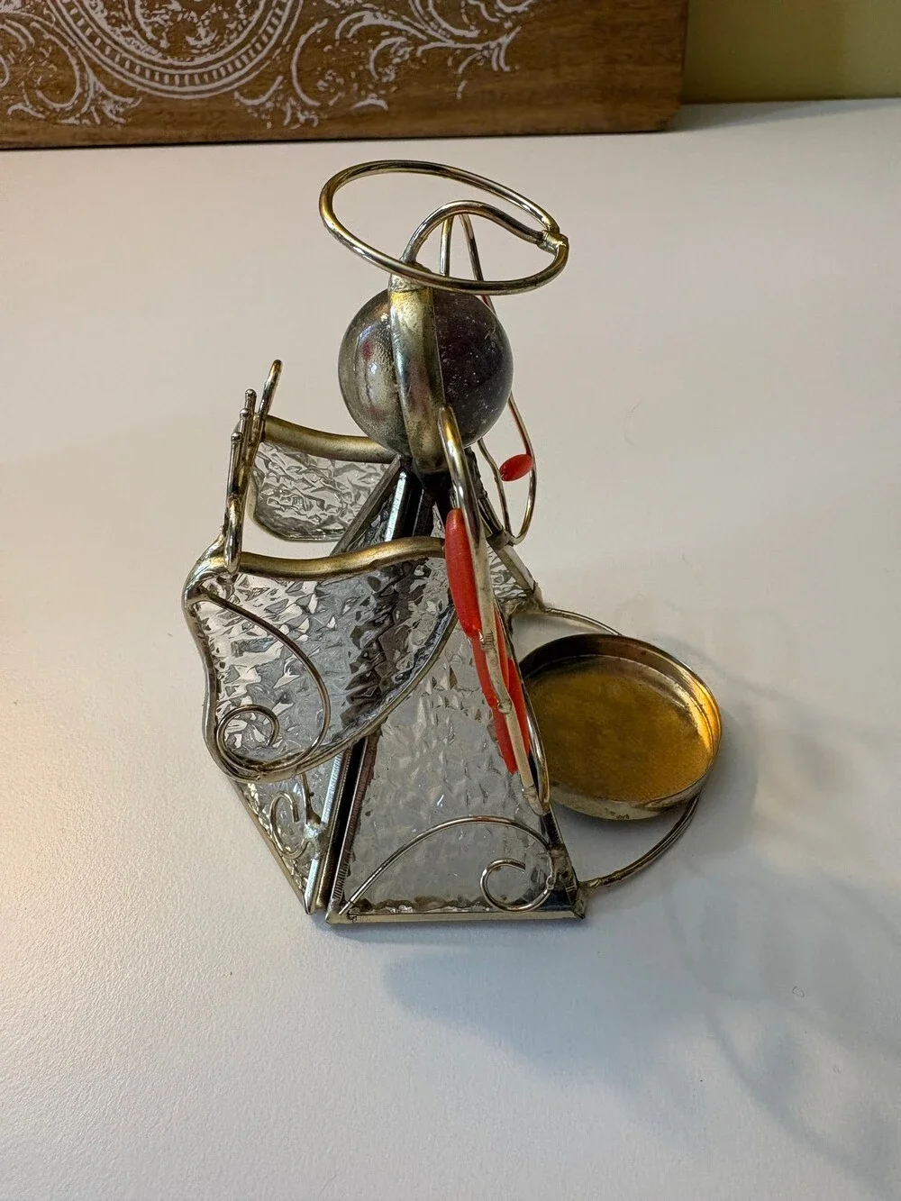 Vintage Stained Glass Angel Tea Light Candle Holders Set of 2 Christmas Brass Mu